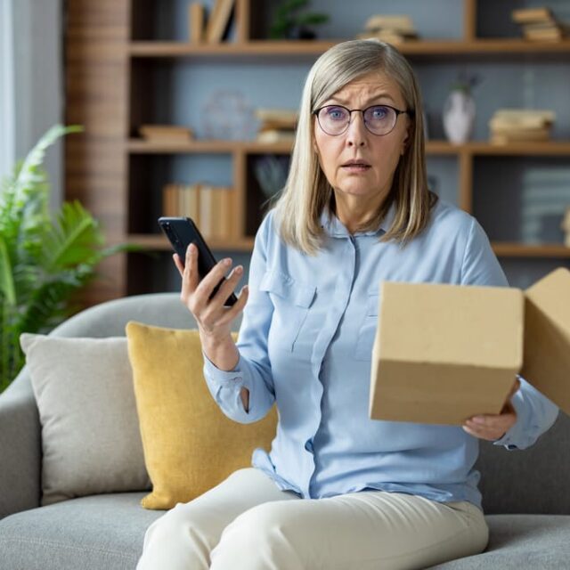 Concerned older woman sitting on a couch, holding a smartphone and an opened cardboard box, reacting to a defective or disappointing product delivery.