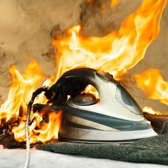 a defective iron catching material on fire